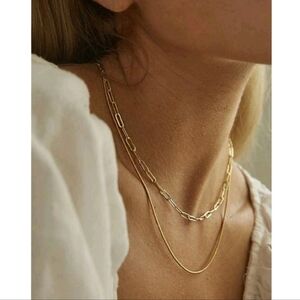 NEW! Anthropologie Minimalist Paperclip & Snake chain Two Layered Gold Necklace